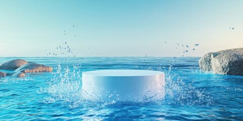 Cylinder podium comes out of the blue water. Splashes and drops around. Ocean rocks, blue sky background. Mock up for product presentation