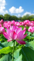 Pink Lotus Flowers Field.