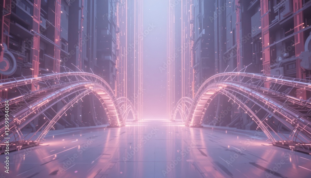 Aufkleber digital light flowing through futuristic bridges virtual cityscape 3d rendering high-tech environmen