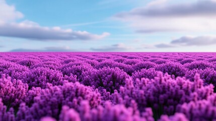 Fototapeta premium Vast purple lavender field under a partly cloudy sky.