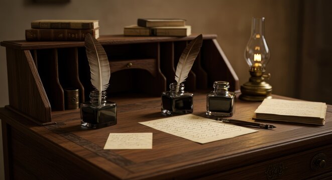 Old desk with writing implements: quill pens, inkwells, oil lamp, and letters.