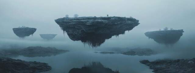 Floating islands in a misty landscape with serene water body and trees on elevated terrains