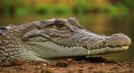 Fototapeta premium A Close Up Portrait Displaying A Crocodile Head And Eye