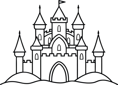 recommend clip art: Castle outline coloring book page, Castle line art vector