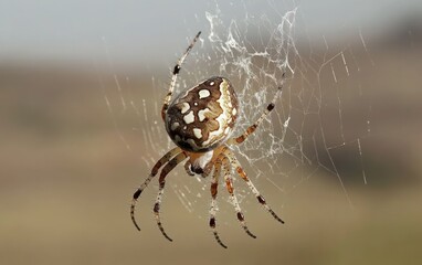 Close-up of a spider on its web, water droplets visible.  The spider is brown and white with intricate markings. The background is blurred, showing a muted brown and beige landscape