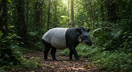 Fototapeta premium A tapir walking on a path surrounded by lush green forest