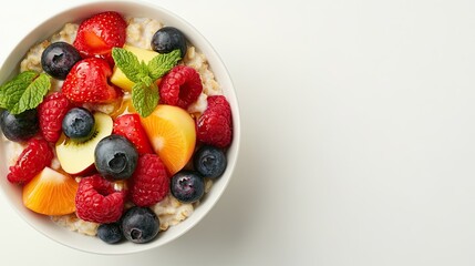 Obraz premium Fresh Berry and Fruit Breakfast Bowl with Oatmeal and Mint Leaves