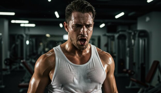 A sweaty man in a tank top takes a break from a workout at the gym.