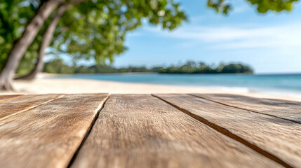 Fototapeta premium Tropical beach, wooden table, ocean view, summer vacation