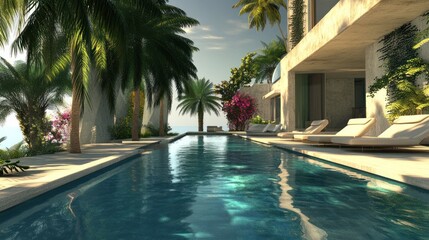 Fototapeta premium Luxurious tropical poolside villa with palm trees and ocean views.