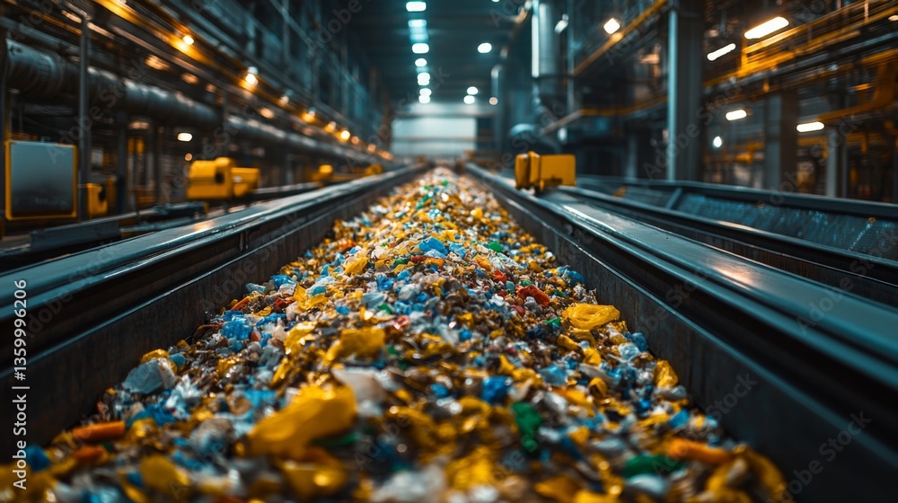 Fototapete conveyor belts transport a mix of recyclable materials through a busy warehouse prioritizing waste m