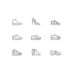 Classic and sports shoes linear icon set. Sneakers, loafers, boots line customizable illustration. Contour symbol. Vector isolated outline drawing. Editable stroke