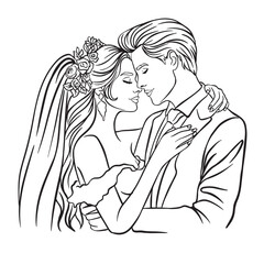 Couple getting married newlyweds black and white. Logo icon Vector Image isolated on white background