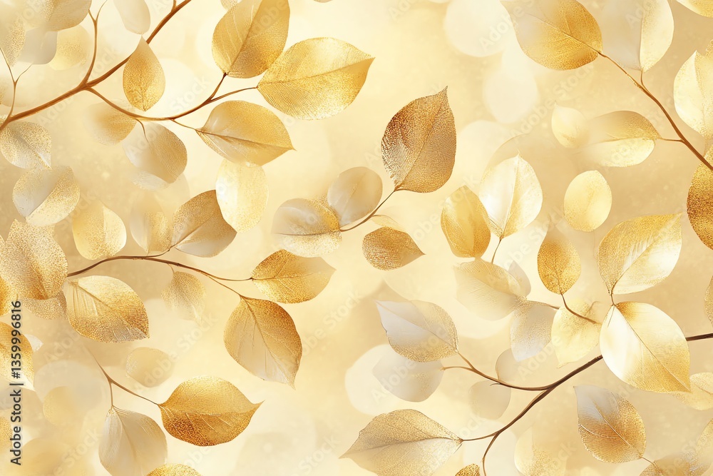 Poster elegant golden leaves on branch with soft bokeh light background