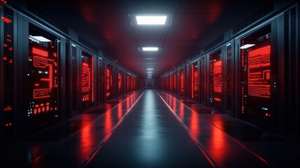 Fototapeta premium Long dark server room corridor with red digital displays on black server racks reflecting on polished floor under bright ceiling lights glowing intensely