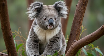 Fototapeta premium A Cute Koala Is Perched In The Branches Of A Tree