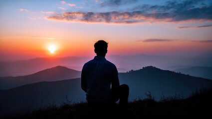 Man sitting on hilltop enjoying a serene sunset