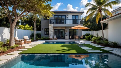 Modern backyard oasis with pool and greenery
