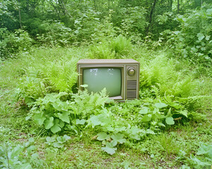 TV Amidst Lush Forest Undergrowth