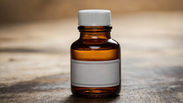 Bottle of essential oil sits on wooden table in soft, natural light highlighting its amber color and simple design
