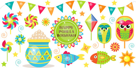 A traditional Pohela Boishakh vector set with cultural symbols, colorful decorations, and festive elements. Great for Bengali New Year posters and designs