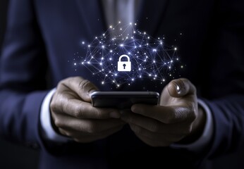 A businessman holding his smartphone with a floating cloud and padlock icon above it