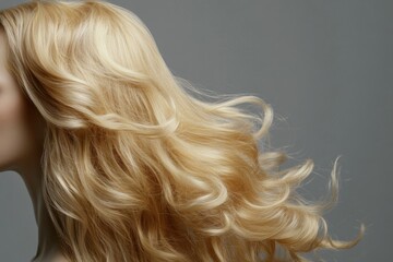 Naklejka premium A beautiful blonde woman with long, curly hair, a perfect hairstyle, and beautiful, fair skin against a gray background