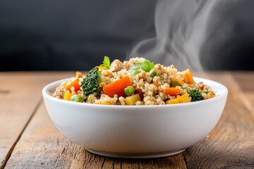 A steaming bowl of quinoa mixed with colorful vegetables, showcasing a healthy and appetizing meal, served on a wooden surface.