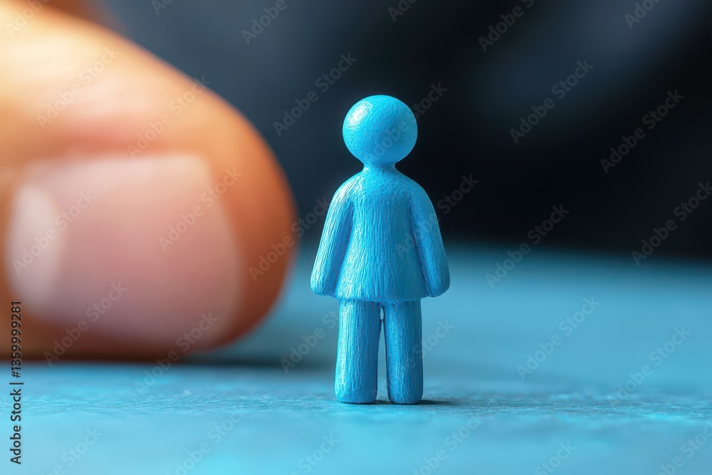 Poster close-up view of a blue miniature figure representing concept of decision making with a finger point
