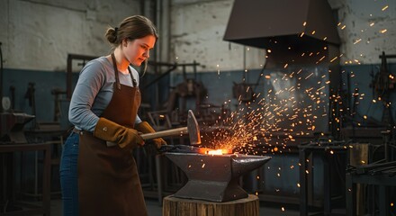 A young apprentice learns to be a blacksmith, forging metal with a hammer, sparks flying, hot metal, strong and skillful.