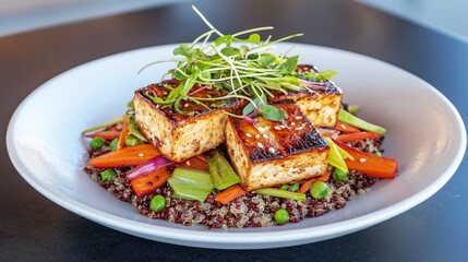 A vibrant dish featuring grilled tofu on a bed of quinoa and colorful vegetables, garnished with fresh greens.