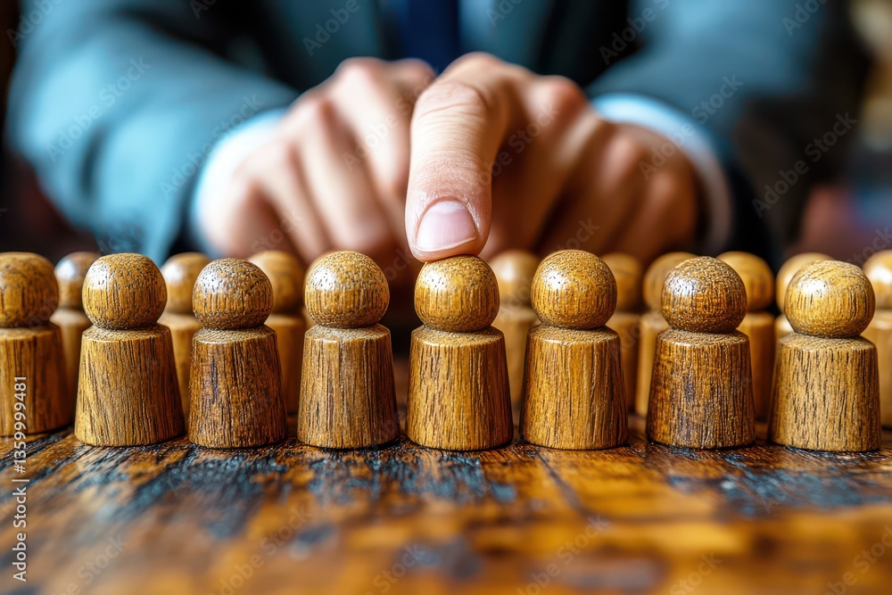 Poster business professional selecting a wooden figure representing leadership and choice in a conceptual o