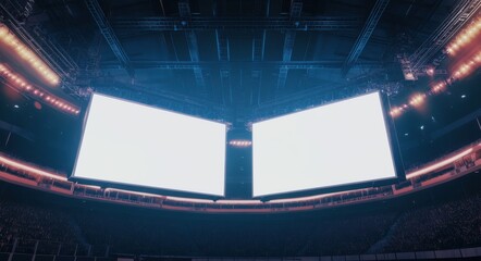 Obraz premium two large, white, blank screens in the middle, stacked on top of each other, hanging from the high ceiling of a stadium