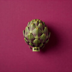 Single artichoke on magenta background. Fresh vegetables, top view. Minimalist design, bold colors. Suitable for food or nature concepts