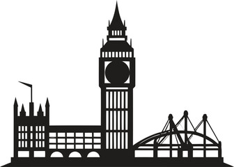 big ben and houses Black  London, England, the bridge on white background