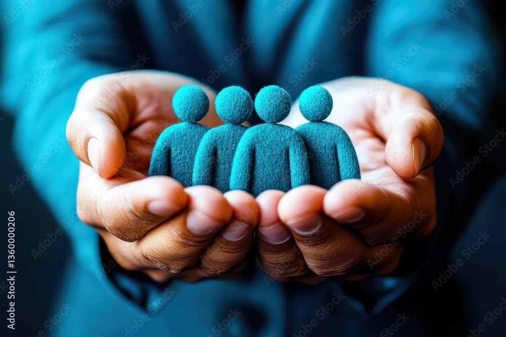 Poster hands holding small figures representing teamwork, community, or support in a professional setting h