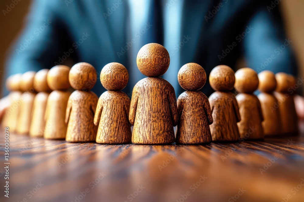 Poster group of wooden figurines representing leadership and team dynamics in business environment with pro