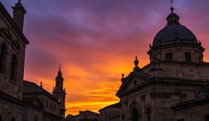 Obraz premium Historic buildings silhouetted against a dramatic orange & purple sunset.