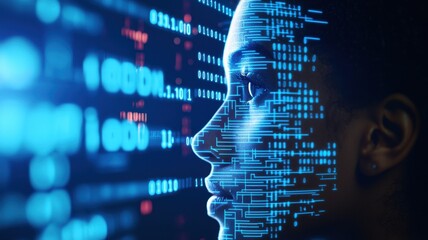 Programmer immersed in a digital world, analyzing a stream of and code projected onto their face, showcasing the integration of humans binary technology