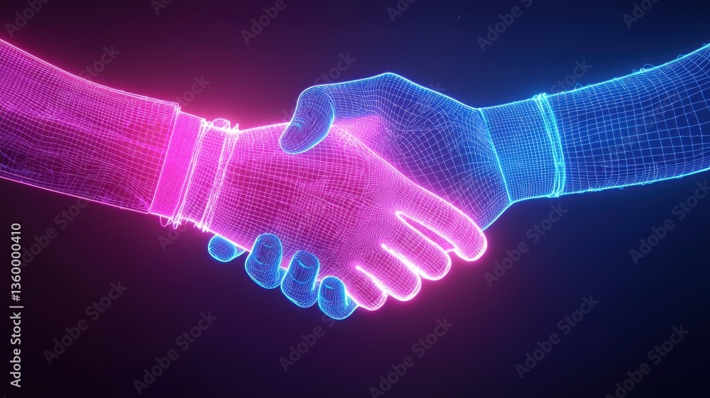 Poster digital hands clasping virtually and representing technological collaboration neon, business partner