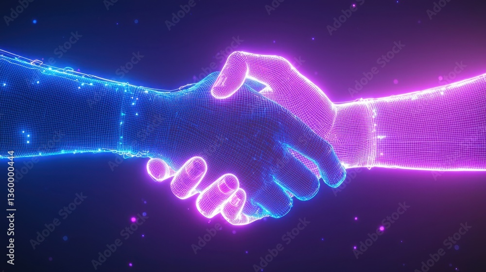 Poster digital hands 3d partnership virtually neon, representing clasping collaboration and business techno