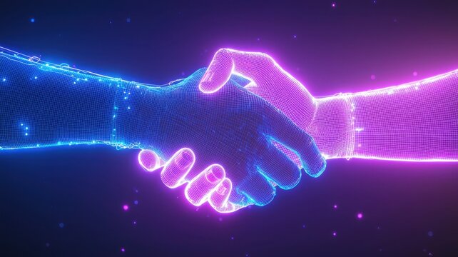 Digital hands 3d partnership virtually neon, representing clasping collaboration and business technological in modern digital workspace