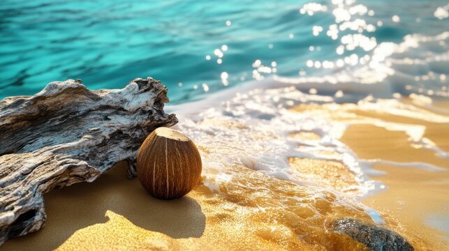 Weathered driftwood board leaning on a tropical beach rock with seafoam washing over golden sand and a coconut drink nearby. - Powered by Adobe