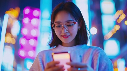 Young woman texting on mobile smart phone amid vibrant city neon capturing urban nightlife and digital connectivity lights, of street