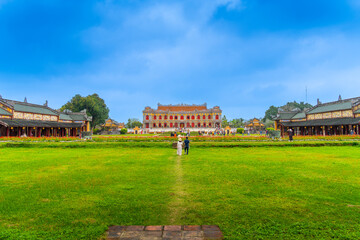 view of the Imperial City with the Purple Forbidden City within the Citadel in Hue, Vietnam. Imperial Royal Palace of Nguyen dynasty. Travel and landscape concept