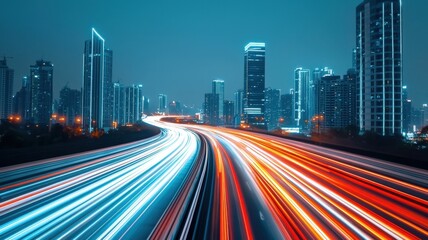 Obraz premium smart light trails path through neon modern mega city and skyscrapers town with Speed futuristic technology background