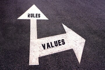 rules and values. dichotomy between two concepts represented with arrows indicating different paths.