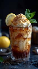 Citrus Delight Dessert: Capturing the delightful elegance of a layered dessert, featuring a citrus slice alongside fresh mint sprigs, each element contributing to the visual appeal.