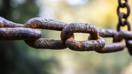 Fototapeta premium Close-Up View of Weathered Rusty Chain Links with Detailed Textures Against a Blurred Background