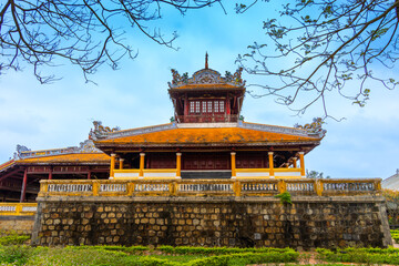 view of the Imperial City with the Purple Forbidden City within the Citadel in Hue, Vietnam....